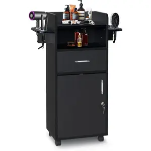 Beauty Salon Trolley Cart, Salon Cabinet with 360° Wheels, 6 Tool Holders, 1 Drawer, Salon Station Rolling Cart for Hair Stylist Beauty Spa Barbershop, Black