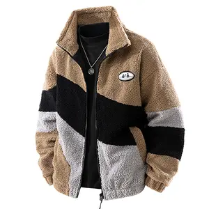 Winter New Men's Shearling Jacket with Patchwork Colorblock Design, Thick Warm Fleece Lined Couple's Coat