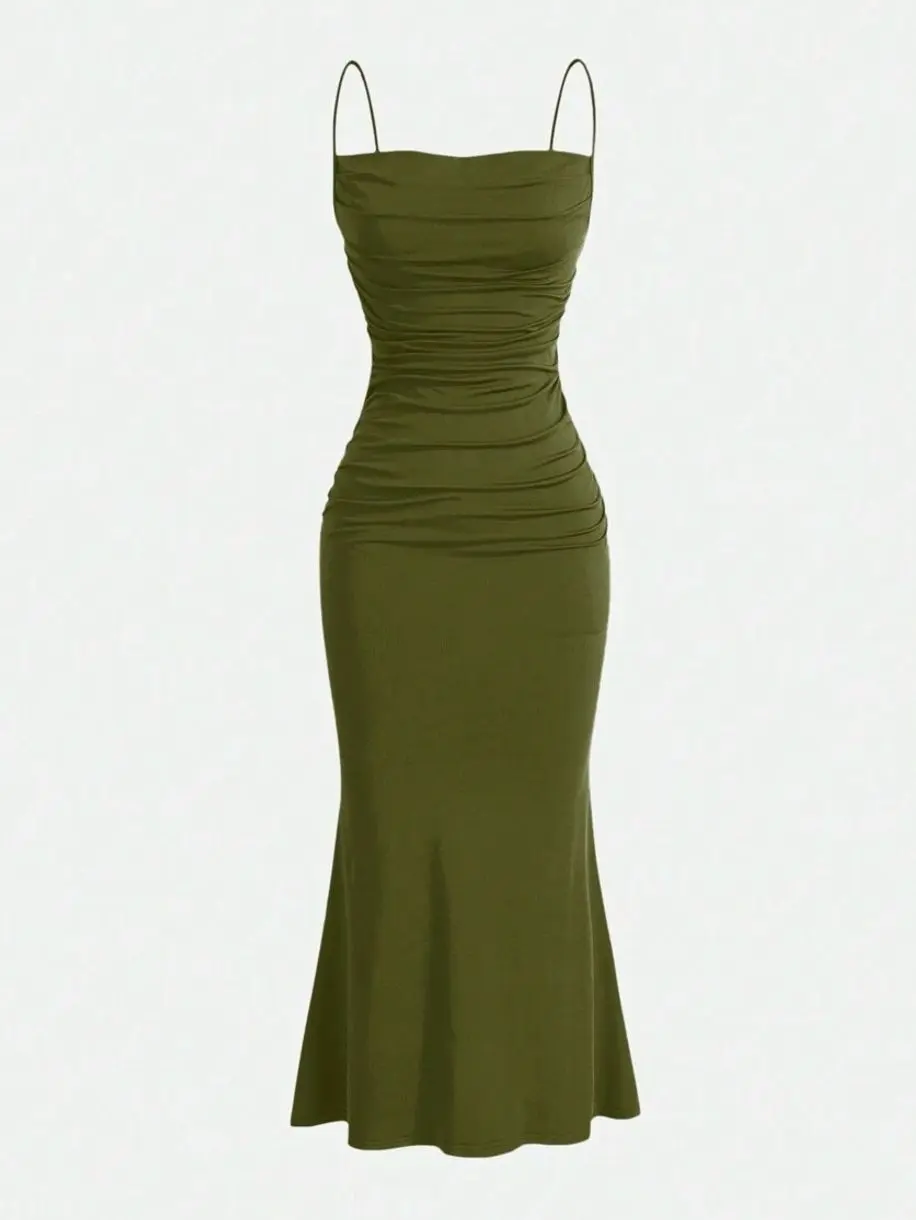 Women's Elegant Spaghetti Strap Maxi Dress | Solid Color Pleated Ruffle Hem Summer Beach Outfit | Flowy Vacation Dress