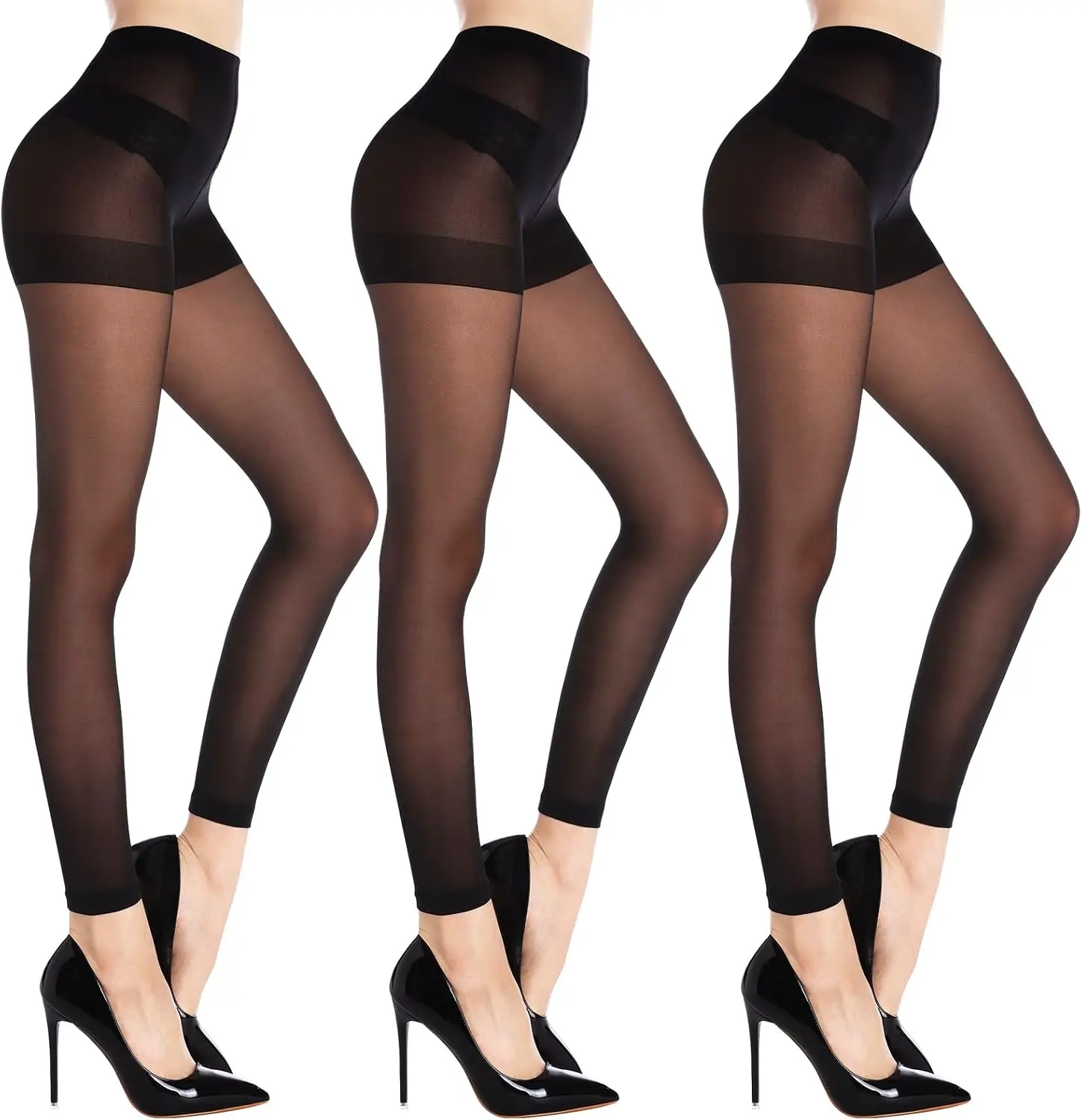 Women's 3 Pairs Footless Tights - 30D Microfibre, Control Top, Run Resistant, Stretch Fit Sheer Pantyhose