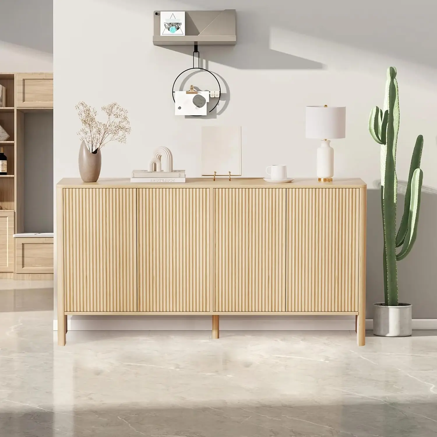 58" Natural Oak Modern Sideboard Buffet - MDF Indoor Storage Buffet Cabinet with 4 Fluted Doors, Adjustable Shelf, Curved Edge, Raised Base, Credenza for Kitchen, Dining Room