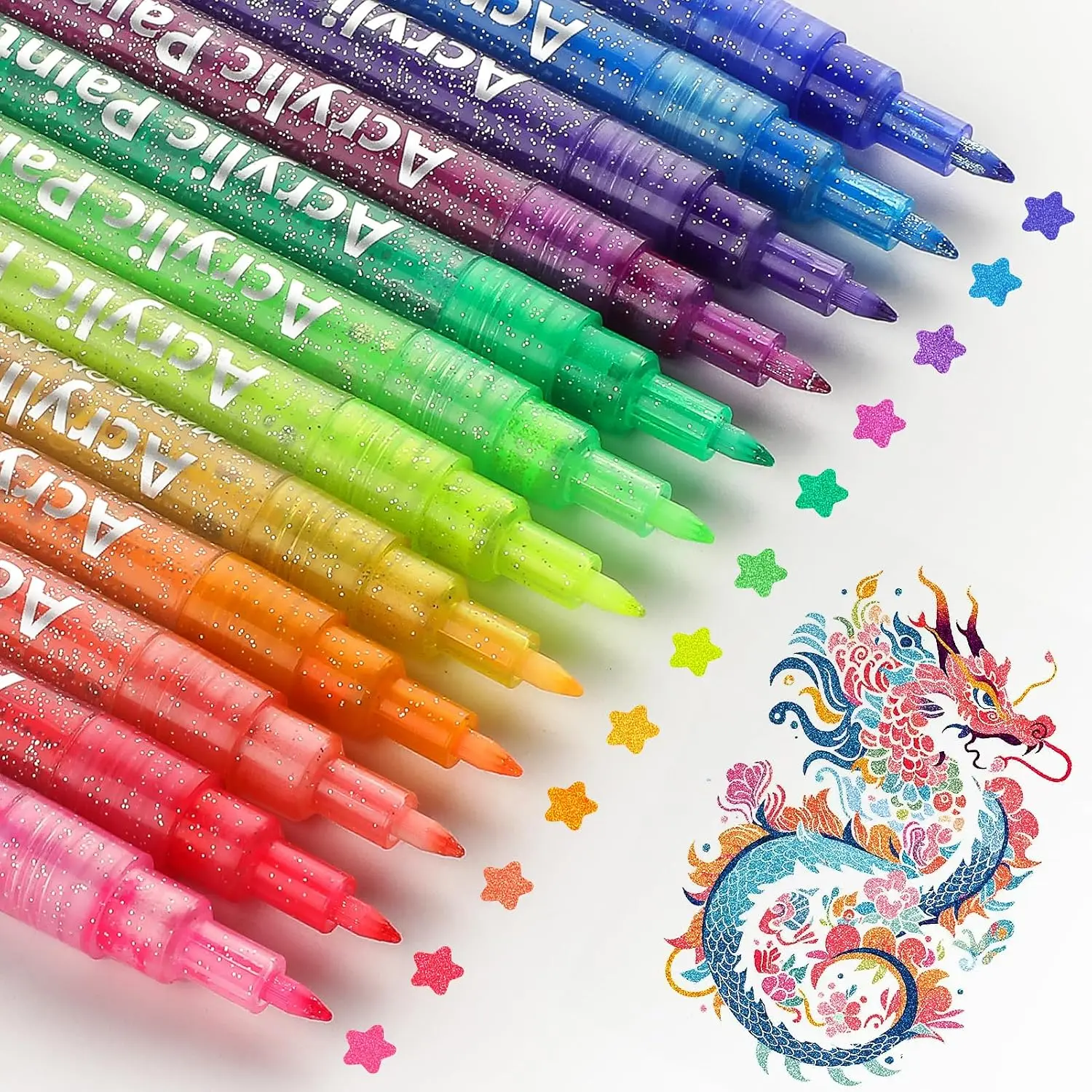 MaxGear Acrylic Paint Pens Glitter Markers Pen Set 12 Pack Colors Drawing Markers 0.7mm Ultra Fine Point Tip Paint Marker for DIY Christmas Crafts Greeting Birthday Cards Making Poster Album Mugs