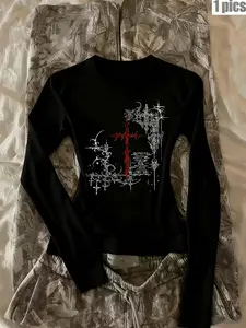 Women's summer gothic metallic Graphic print slim-fit long-sleeved top, gothic rock style, slim fit, suitable for everyday casual sportswear/concert attire.