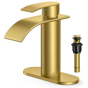 FORIOUS Waterfall Bathroom Faucet Single Handle with Deck Plate, Metal Pop up Drain, cUPC Hoses for Vanity Basin RV Lavatory Sink, Drip-Free Stability, Rust-Resistant, 3/8" Hoses Included - Decorative