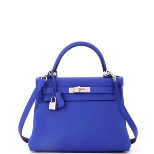 Pre-owned HERMÈS Leather Top Handle Bags Hermes Kelly Handbag Bleu Royal Togo with Palladium Hardware 28 by Rebag