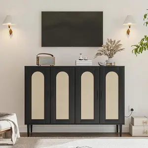Rattan Cabinet with Power Outlet, Boho Sideboard Buffet with 4 Doors, with Adjustable Shelf for Hallway, Dining Room, Living Room, Bar (Black)