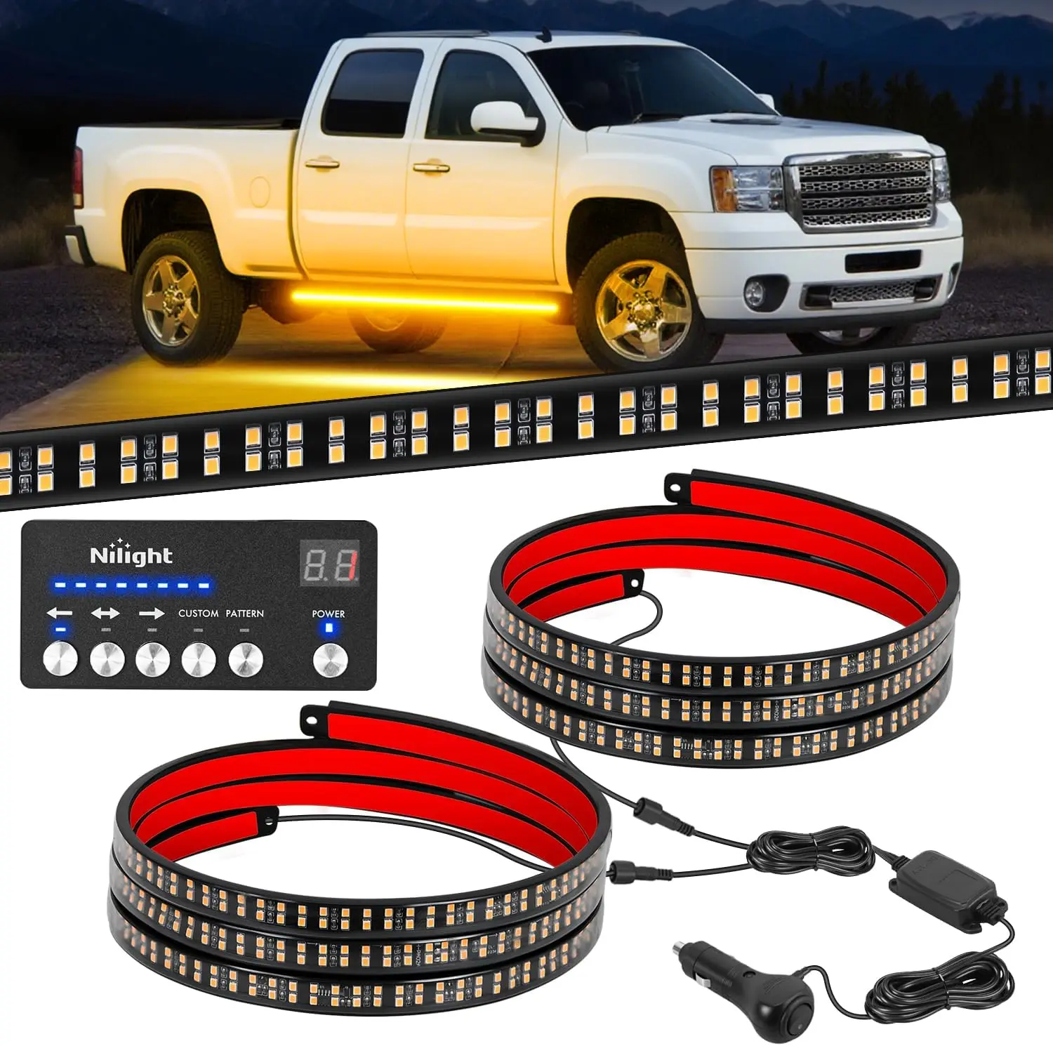 Nilight 2PCS 70in Strobe LED Light Strips with Controller, 864 Amber LEDs, 38 Strobe Patterns, PVC Adhesive Tap, Waterproof Flexible, High Brightness, Easy Installation Running Board Lights for Trucks & Construction Pickups
