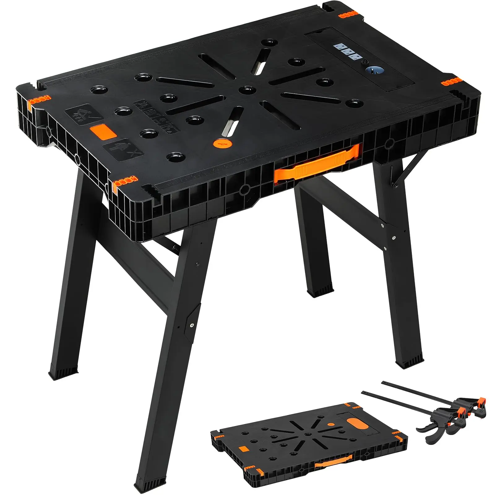 TLGREEN Portable Foldable Rectangular Work Table - 34x22 in, Steel Frame, 2 Clamps, Power Strip, Non-slip Feet, Easy Setup & Storage, Commercial/Office Furniture Workbench for Garage Projects, Table-Saw Tasks