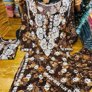 Print Lucknow Chikankari Handwork, Rayon fabric 2pcs Sets with long Kurti and Plazzo Hand Embroidery - Sizes 38-40-42-44, Elegant Design for Women - Casual