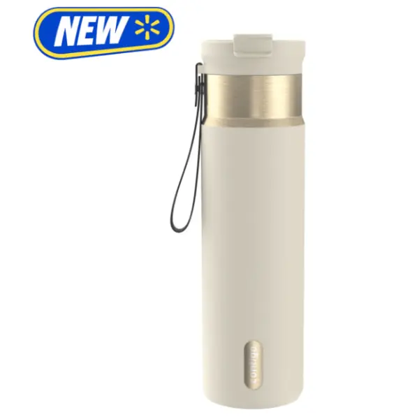 Stainless Steel Water Bottle, 24 oz, Leak-Proof Insulated, Straw or Sip Lid, Carry Strap, Cream/Champagne, Reusable Travel Bottle