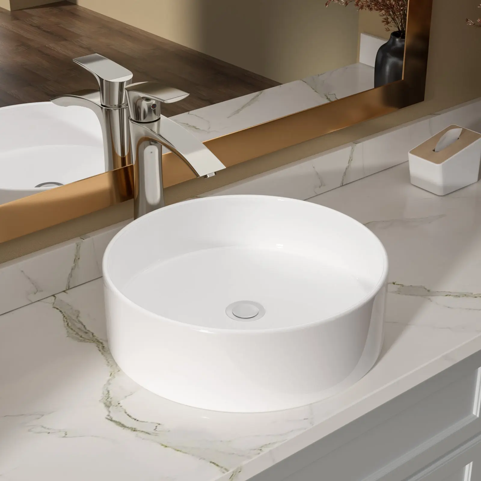 Dcolora 16-Inch Round White Ceramic Above-Counter Vessel Sink - Top Mount Basin, Heat Resistant, 15.75" L × 15.75" W × 5" H Modern Vanity Basin for Small Spaces