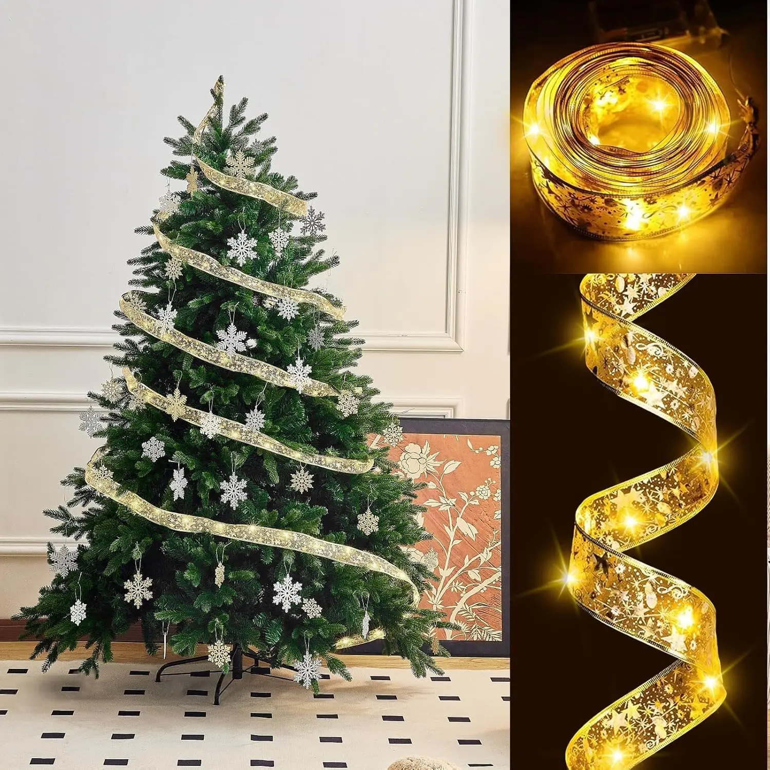 33ft Copper Christmas Ribbon Lights, 100 LED Breathtaking Magic String Lights, 0.22 lbs Home Supplies, Battery & USB Powered Malleable DIY Bows for Xmas Tree Holiday Decor (US), 33 Feet, Flexible Bow