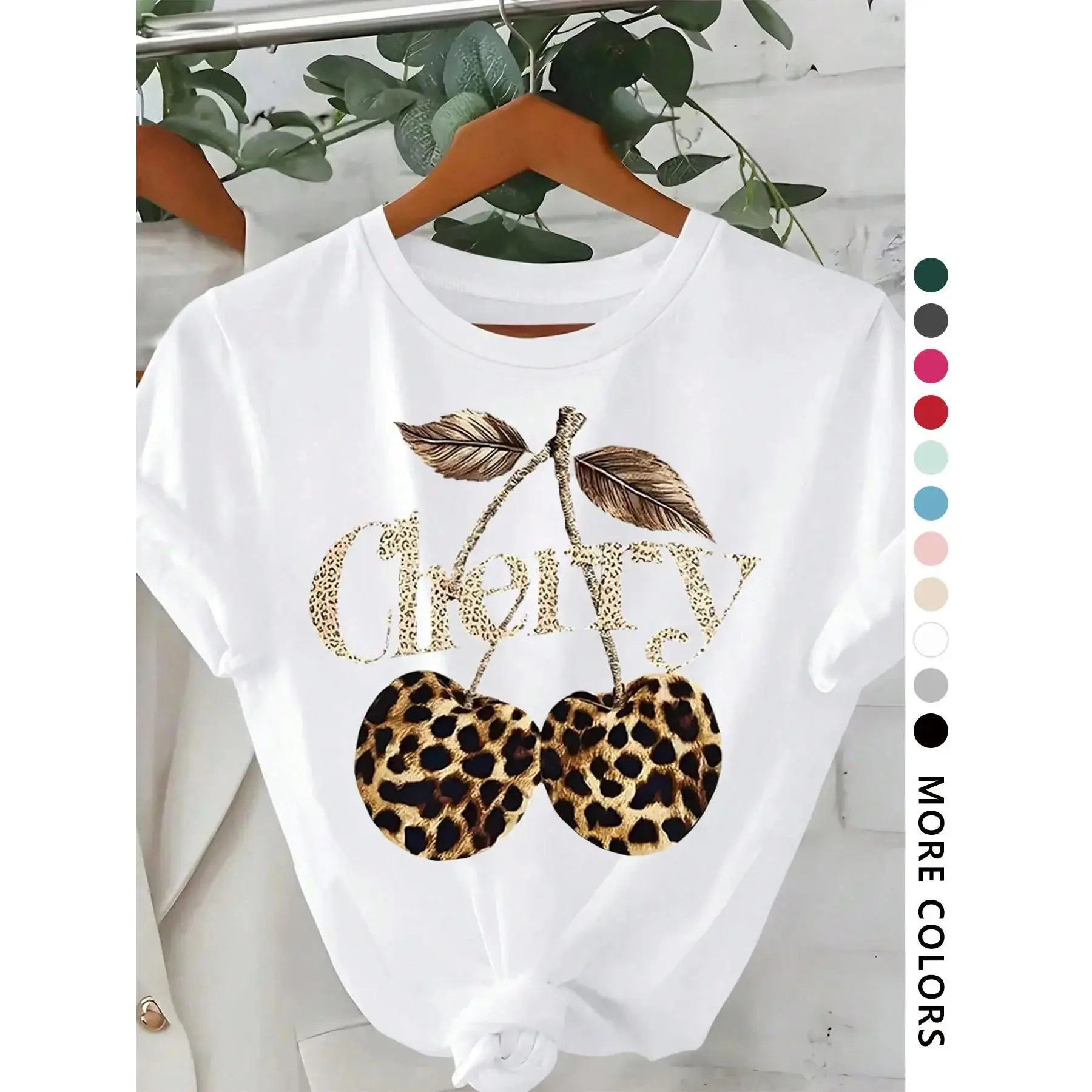 Women's Graphic T-shirt with Vintage Cherry & Leopard Print, Casual Short Sleeve Round Neck Top for Daily Wear, Shortsleeve, Lady, Tshirt, Cheetah Print Women's T-Shirts, Colorful Leopard Print Women's T-Shirts