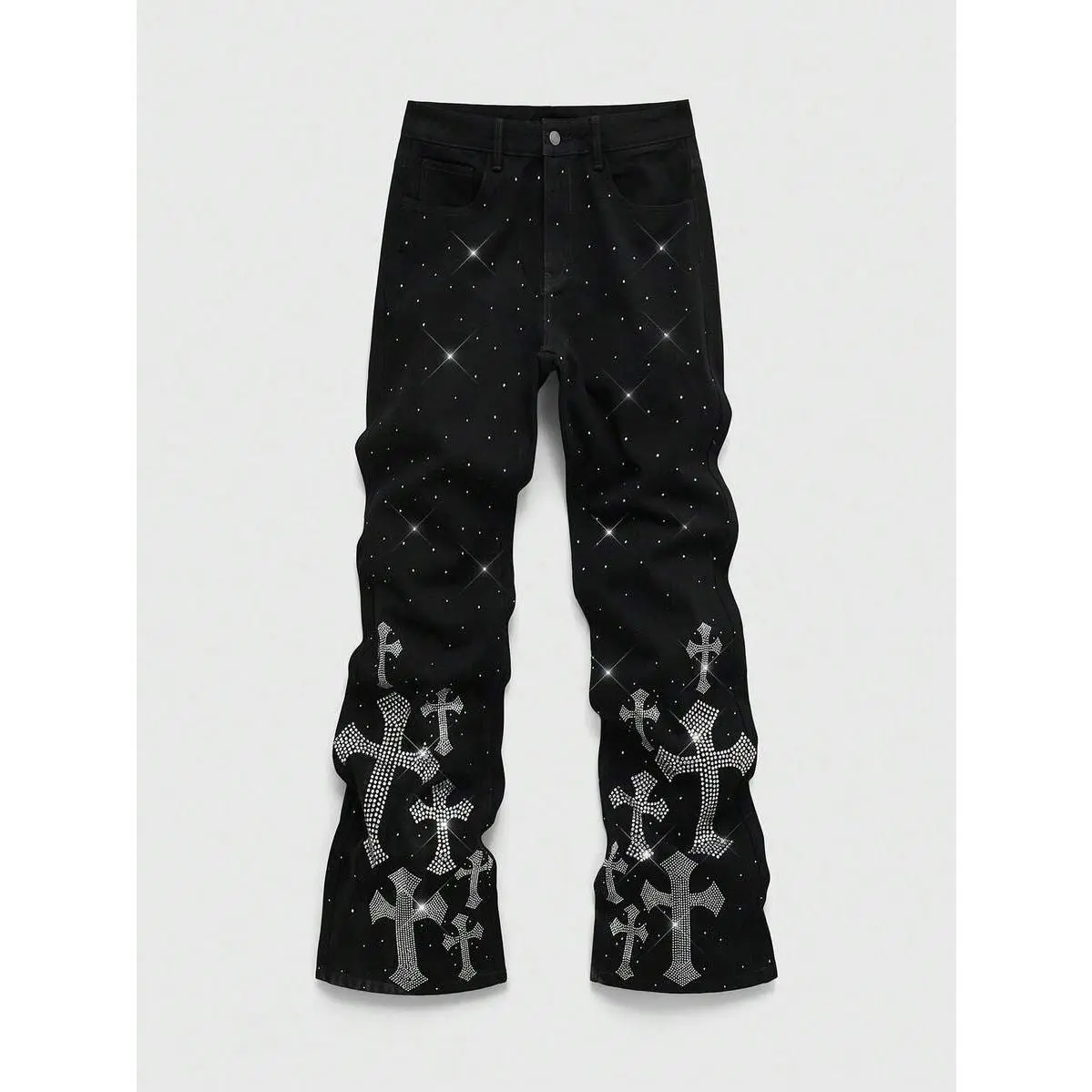 Men's Gothic Streetwear Menswear Pants, Rhinestone-Embellished All-Over Cross Print Denim Jeans, Loose Fit Straight Leg, Zipper Fly, Polyester Fabric with Pocket, Full Length, Rhinestones, Modal, Cotton Blend, Gothic Punk, Rhinestone Embellishment