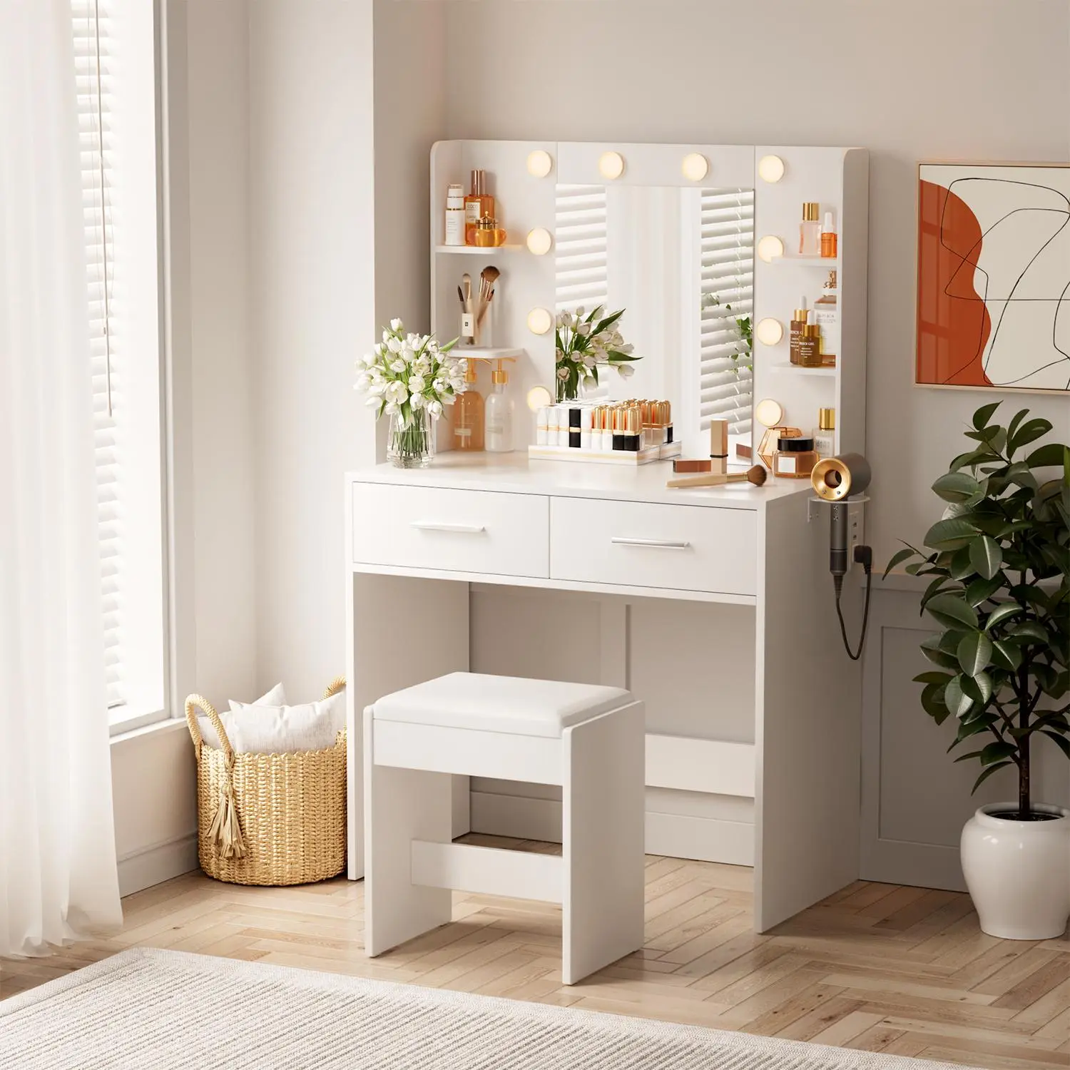Furmax Modern Makeup Vanity Set with Backlit Mirror & Chair, 3-Color Hollywood Vanity Desk with Power Outlet, 6 Shelves & 2 Drawers, Backlit Makeup Vanity for Bedroom, Makeup Room, Beauty Lovers, Stylish Furniture