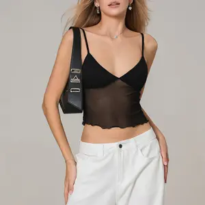 Women's Y2K Lace Cami Tank Top Sexy Mesh See Through Spaghetti Strap Crop Camisole Backless Bustier Going Out Tops Summer Fit Polyester Slim Basic Check Light Party Patchwork Red Sleeveless Tulle