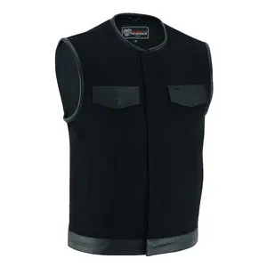 Vance Leathers Denim Black Collarless Club Vest with Leather trims plain casual