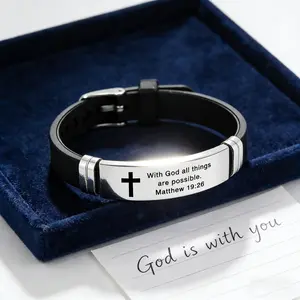 Christian Cross Bracelet - Men's Accessories, Inspirational Matthew 19:26 Bible Verse, Stainless Steel Silicone Adjustable Wristband, Faith Jewelry Gift bracelet for men money bracelet