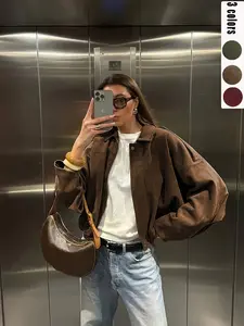 Women's Fall Winter Loose Fitted Soft Suede Jacket, Short Batwing Sleeve Bomber Coat, Plain Leather Look Top, Zipper Neckline, Long Sleeve Vintage Style, Everyday