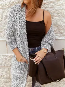 Gray Fuzzy Knit Cardigan with Pockets