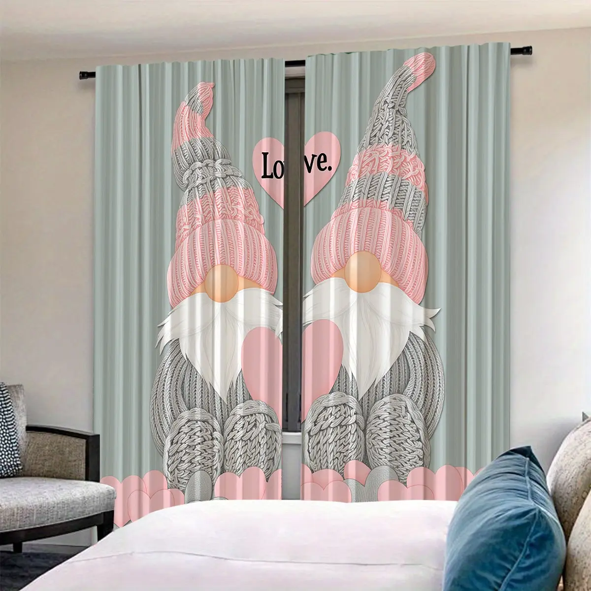 Sweetheart Print Knitted Curtain Set, Adorable Design for Cozy Bedroom Ambiance, Perfect for Enhancing Your Home Decor