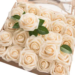 Ling'S Moment Artificial Flowers 25Pcs Cream Roses Decor W/Stems,3" Real Touch DIY Foam Floral for Wedding Bouquet/Centerpieces, Outdoors Party Backdrop, Room/Table, and Garden/Pot Decorations Ling's Moment