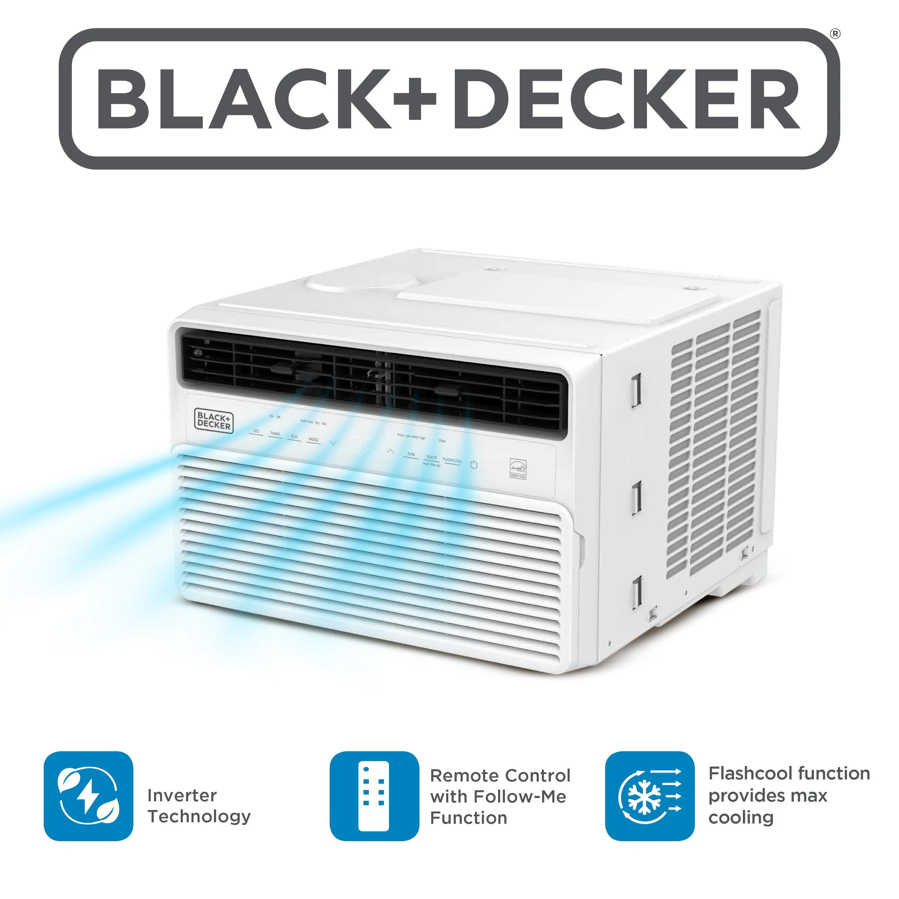 BLACK+DECKER 8,000 BTU Inverter Window Mount Air Conditioner - Energy Saving AC Aircon, 350 Sq. Ft. Coverage, ENERGY STAR Rated, Variable Speed Compressor, Consistent Temperature, Full Function Remote Control, BD08NWES, White, Led Screen Display, Energy S