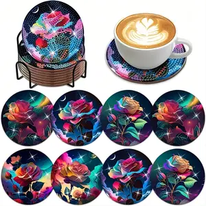8-Piece Floral Pattern Diamond Painting Wooden Coasters Set, DIY Creative Diamond Art Cup Mats, Holiday Gift Idea, Round Coaster