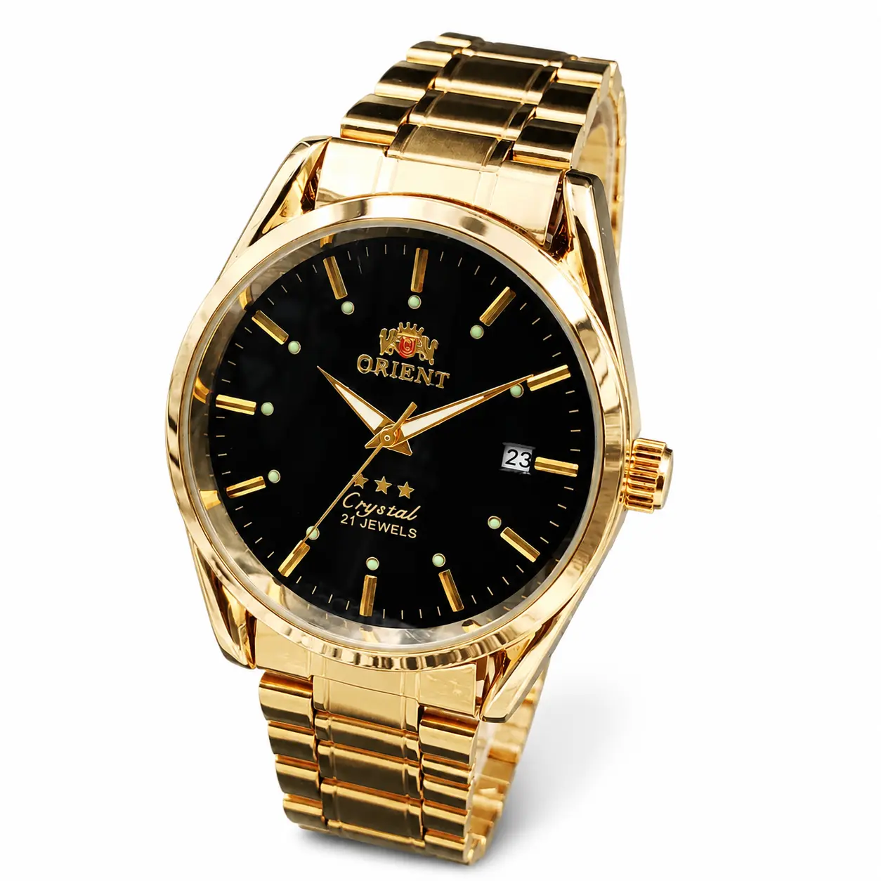 Orient Automatic Men's Mechanical Wrist Watch - Sleek Black Dial with Luminous Markers, Date Window, 21-Jewel Movement, Bracelet Band, Water-Resistant, Classic Business-Casual Self-Winding Dress Watch, Premium Gentlemen's Gift