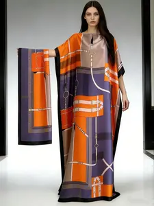 1 Dress+1 Scarf Luxury Printed Kaftan Dress with Matching Scarf, Designer Inspired Maxi Caftan for Women, Beach Cover Up, Oversized Robe, Resort Wear, Abaya Dress, Summer Holiday Outfit, Plus Size Kaftan, Boho Loungewear, Gift for Her