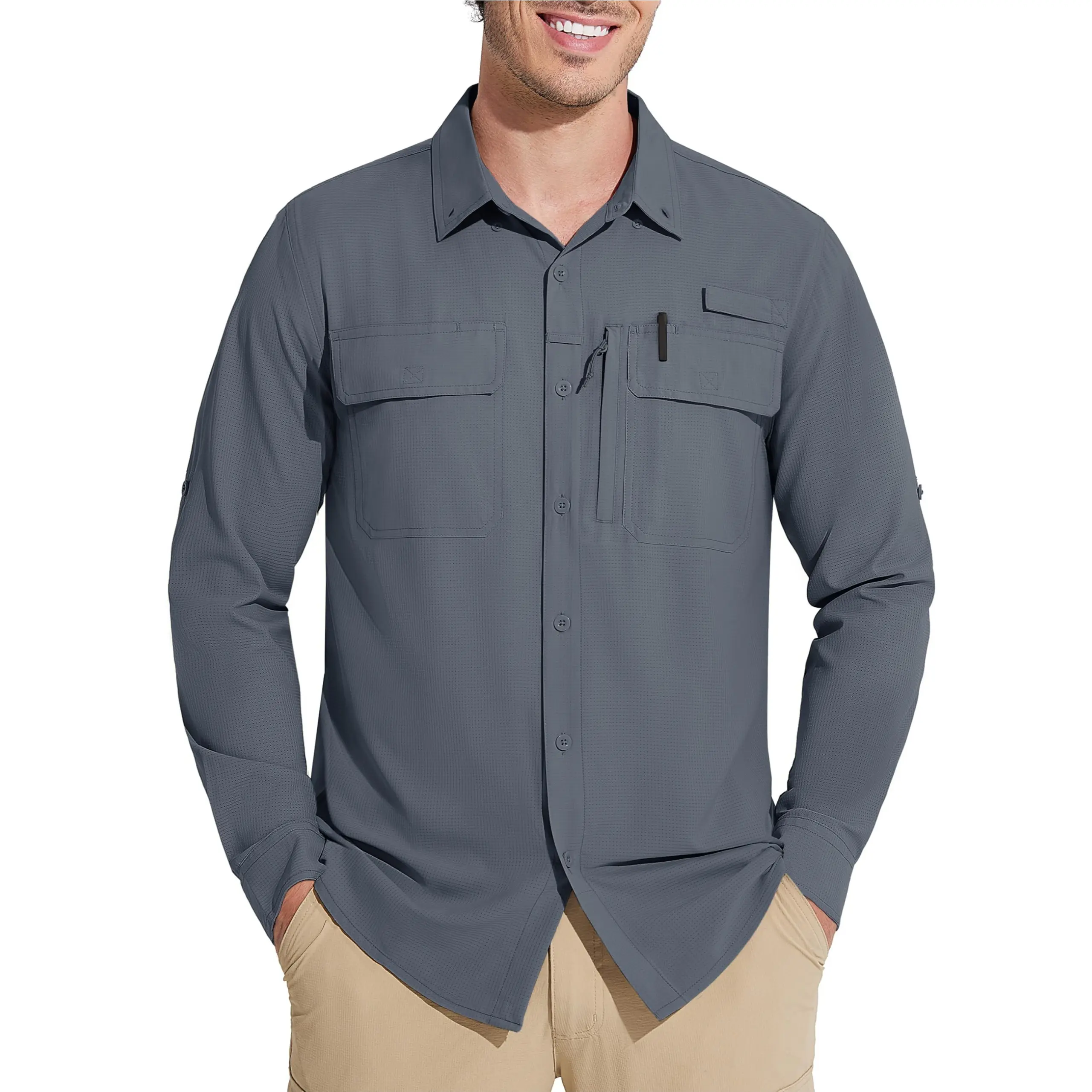 MAGCOMSEN Men's Fitted Polyester Collared Outdoor Shirt, Long Sleeve UPF 50+ Sun Protection, Quick Dry Cooling Roll-Up Button-Down with Buttons & 1 Zipper Pocket, for Hiking & Daily Wear, Premium Tops, Convertible Sleeve, Lightweight