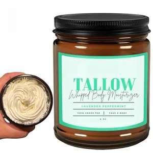 Egyptian Miracles Grass-Fed Beef Tallow Whipped Moisturizer - Lavender Peppermint, 8 oz Glass Jar for Face and Nourishment body butter Gentle Honey Jojoba Skin Repair Repair Restore Moisture Hydrating Comfort Scent magic