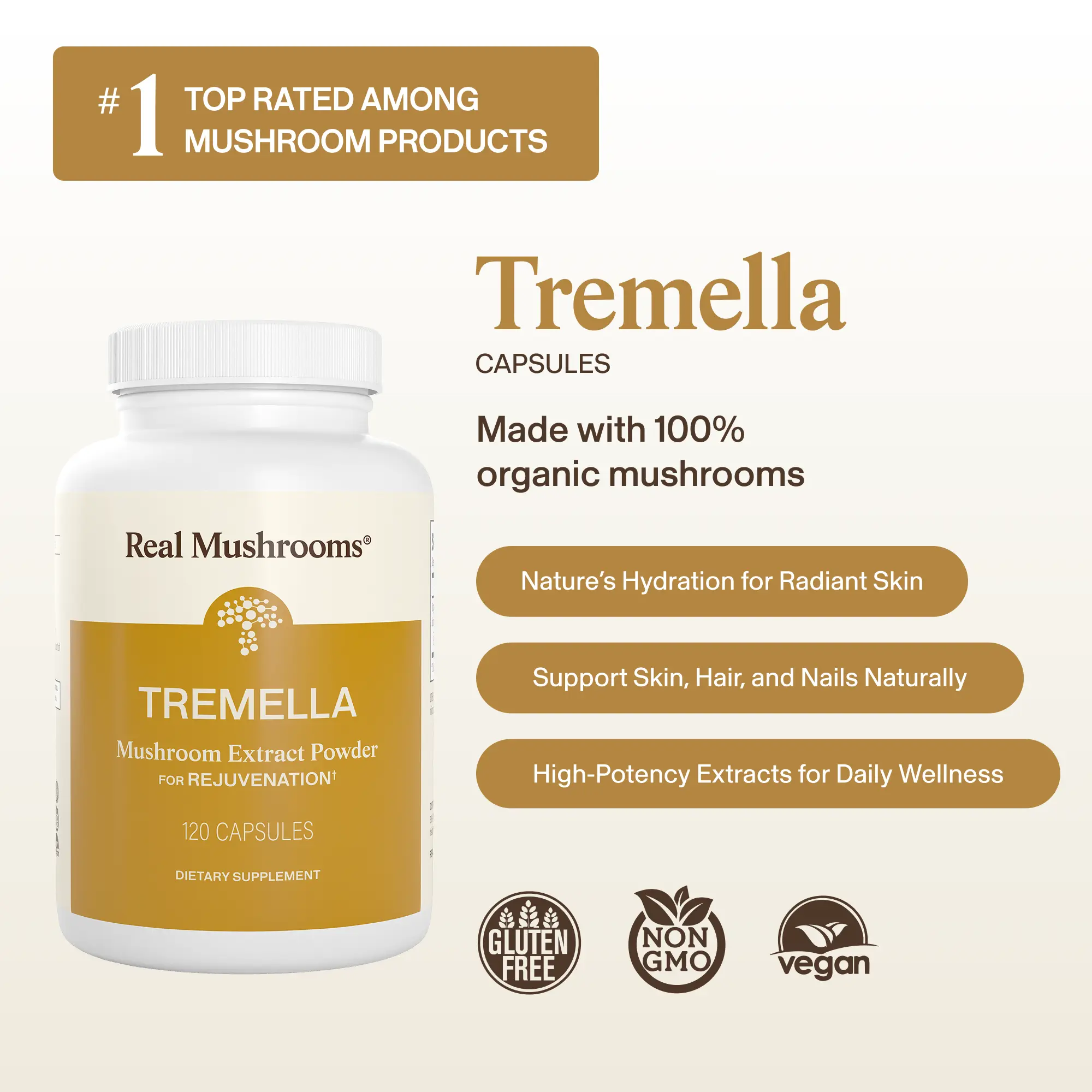 Real Mushrooms Organic Tremella Mushroom Capsules for Skin Hydration | Snow Mushroom, Natural Hyaluronic Acid Alternative | 100% Mushrooms