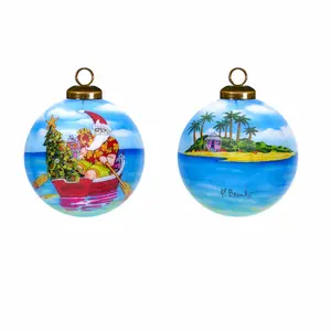 360 Stand Hand Painted Mouth Blown Glass Christmas Handmade Ornament, Round Rowing Santa Express Design, Multi-Color Contemporary Festive Decoration, Velvet Tree Decoration, Hanger-Included Holiday Home Supply Gift, Hanging Ornament