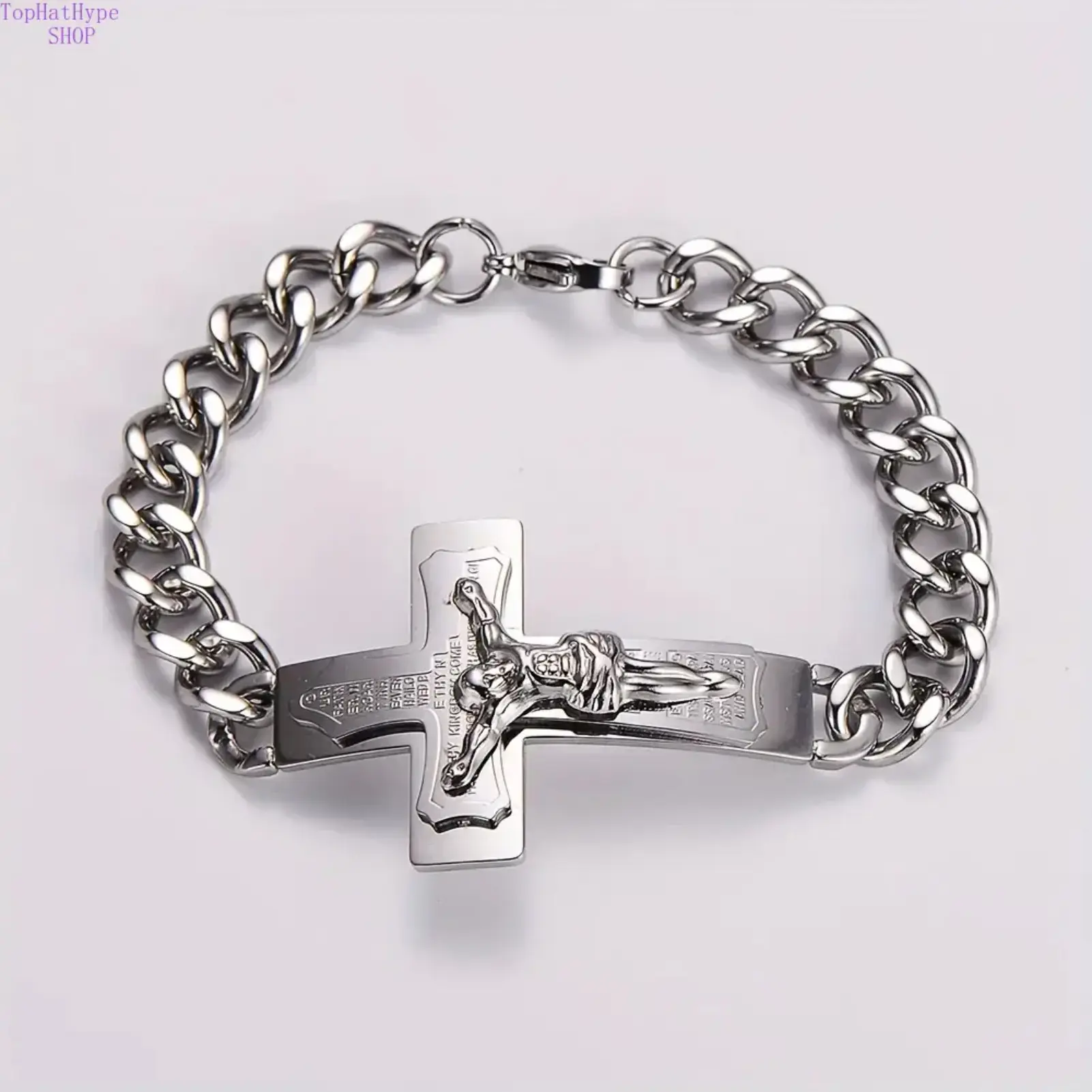 Men's Stainless Steel Jesus Prayer Curved Bar Bracelet - Polished Adjustable Religious Wristband, Inspirational Faith Cuff, Daily Wear Jewelry for Religious Gifting, Men's Jewelry, Men's Accessories For Adults
