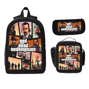 Red Dead Redemption 2 Theme Backpack Three-Piece Set - Student Backpack Pencil Case & Lunch Bag Bundle for Gamers