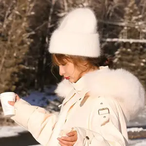 Fashion Warm Cashmere Wool Skullies Angola Rabbit Fur Winter Knitted Beanies Women Cap Female Three Fold Ski Outdoor Hats