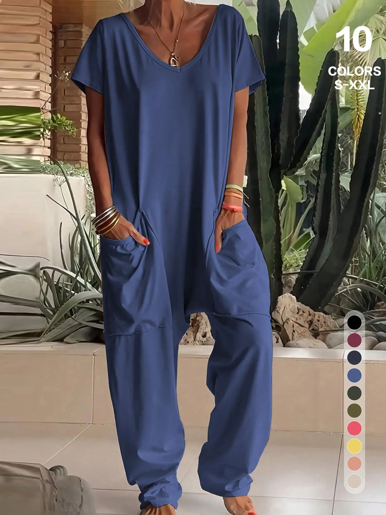 Women's Casual V-Neck Short-Sleeve Overalls - Solid Loungewear with Elastic Waist and Pockets