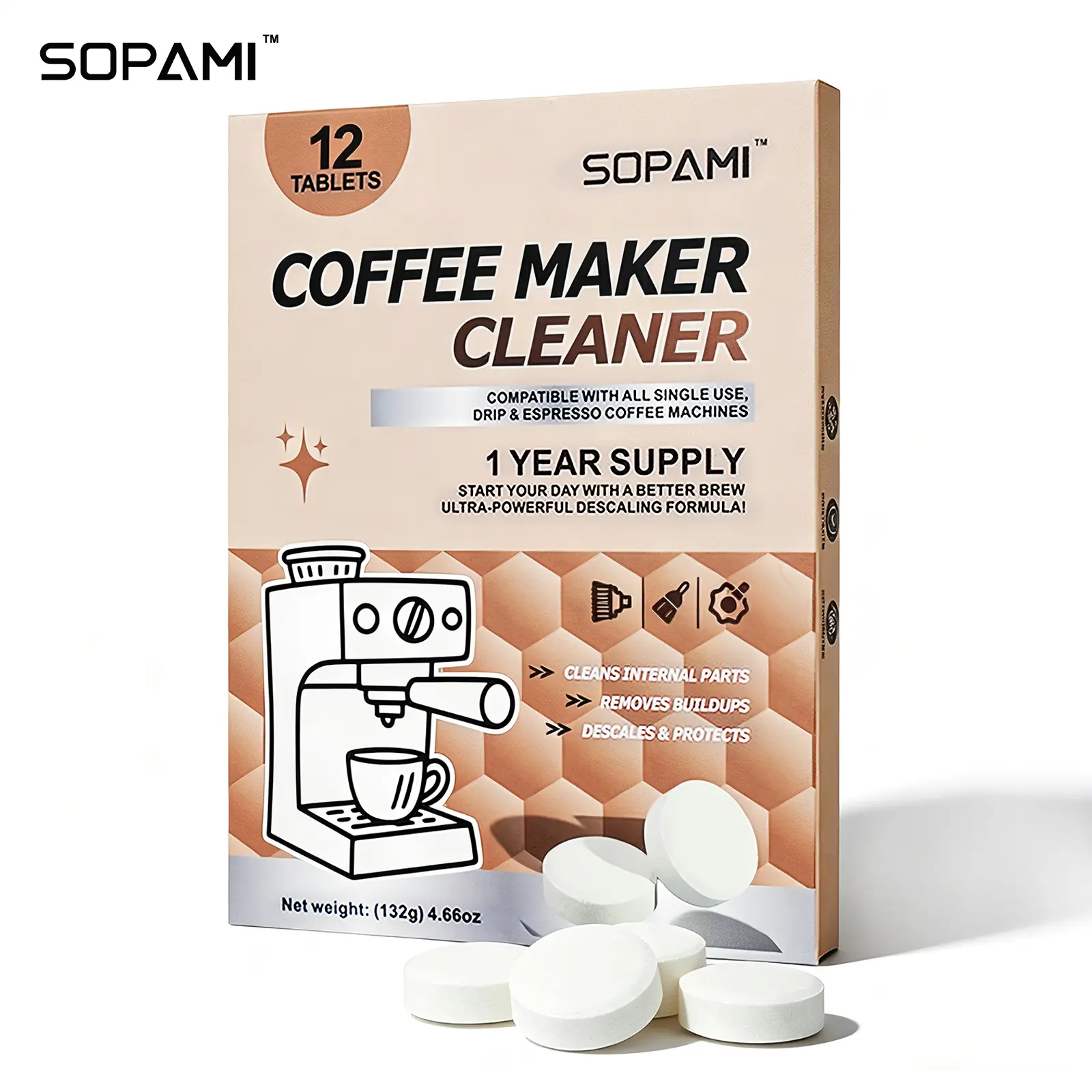 SOPAMI Coffee Maker Cleaner Tablets | 12 Count Descaling & Deodorizing Tablets, Remove Limescale and Coffee Residue, Compatible with Fully Automatic, Semi-Automatic, Espresso & Capsule Coffee Machines