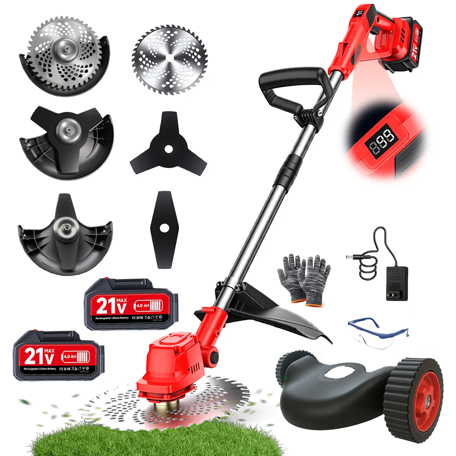 XYSD 21V Electric Weed Wacker Cordless, 9" Weed Eater 3 in 1 String Trimmer,Brushless Motor, with 2x4.0Ah Batteries and wheels, Lightweight Grass Trimmer Brush Cutter, for Yard Lawn Garden Trimmer