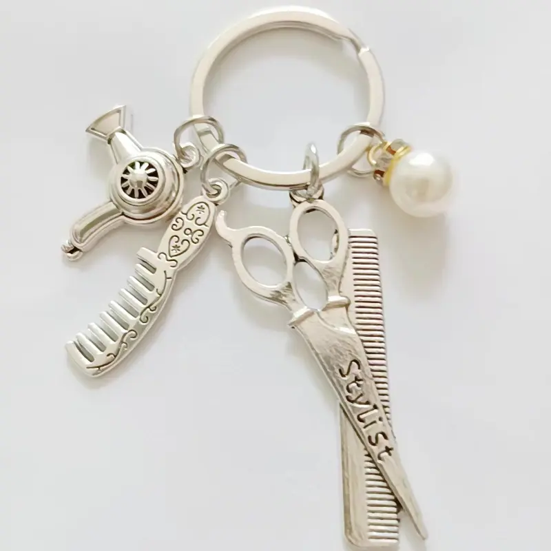 1pc Chic Barbershop Charm Key Ring with Alloy Hair Dryer, Scissors, Comb and Pearl Embellishment - Ladies Fashion Hairdresser Gifts, Barber Accessories, Bag Keychain