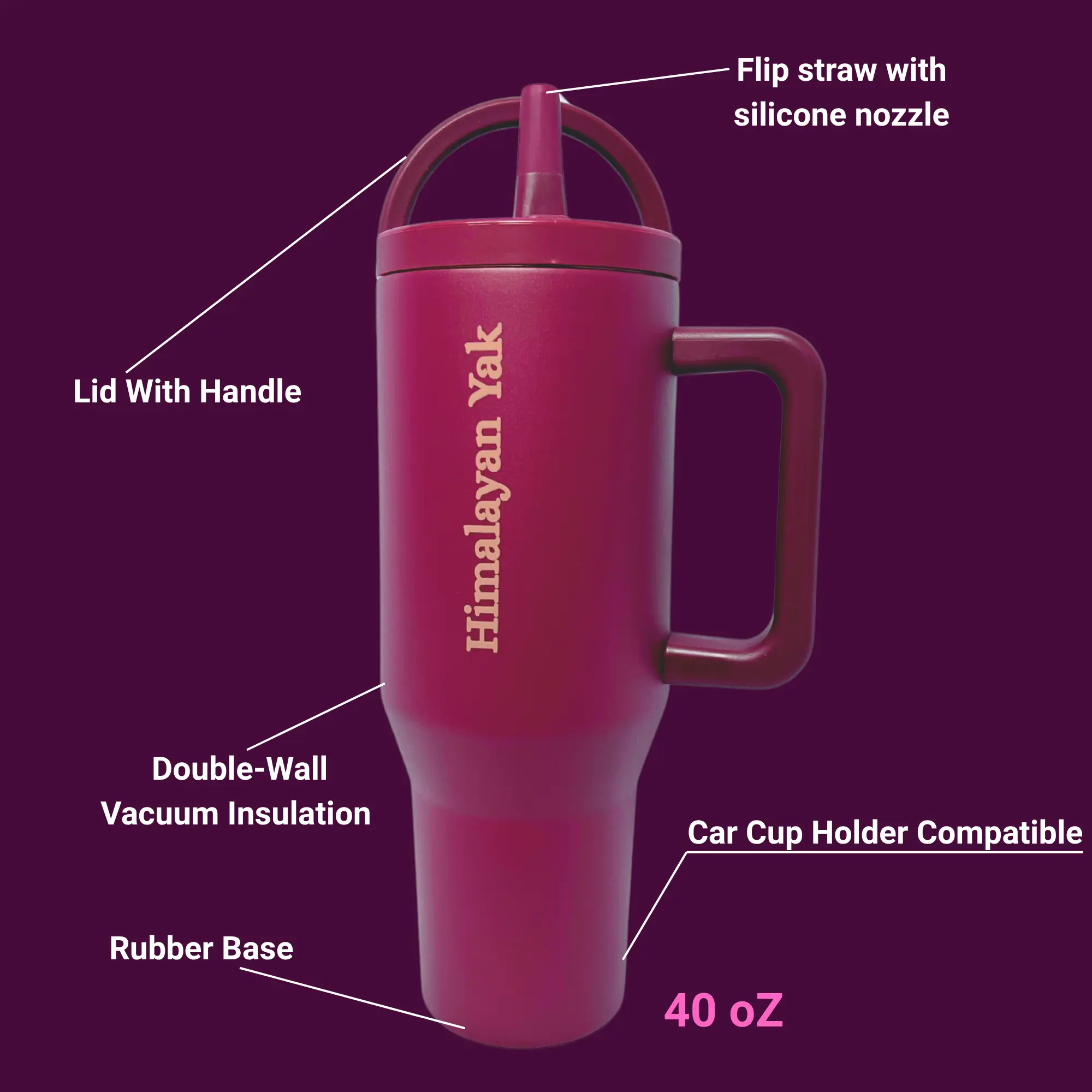 HIMALAYAN YAK 40 oz Insulated Tumbler - Powder Coated, Double Wall Vacuum Cup with Top Handle Lid, Side Handle & 100% Leak-Proof Base