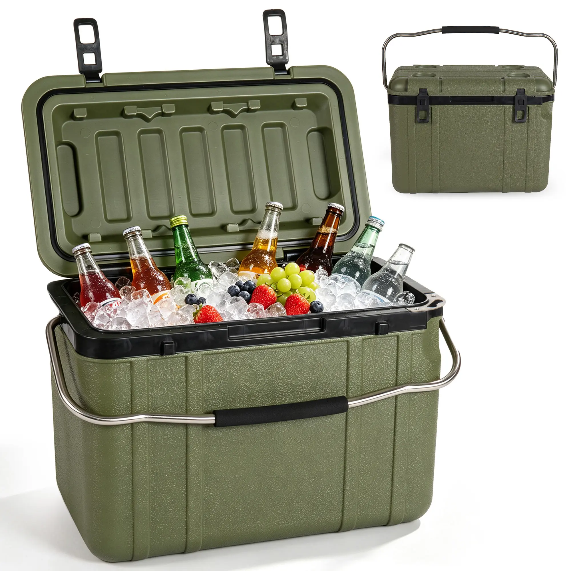 25 Qt Rotomolded Hard Cooler, 5-7 Days Ice Retention Insulated Cooler Box, Heavy-Duty Airtight Latch, Stainless Steel Handle, Built-In Bottle Opener, 30-Can Capacity for Camping, Fishing, Outdoor Adventures