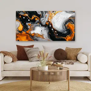 Modern abstract wall art canvas print for your living room, bedroom or dining room with a black, orange, white and grey swirl pattern - minimalist home office wall decor, beautiful room decor