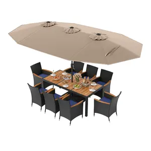 COSTWAY - 10 Piece Outdoor Patio Dining Set with 15 Feet Double-Sided Twin Umbrella-Brown