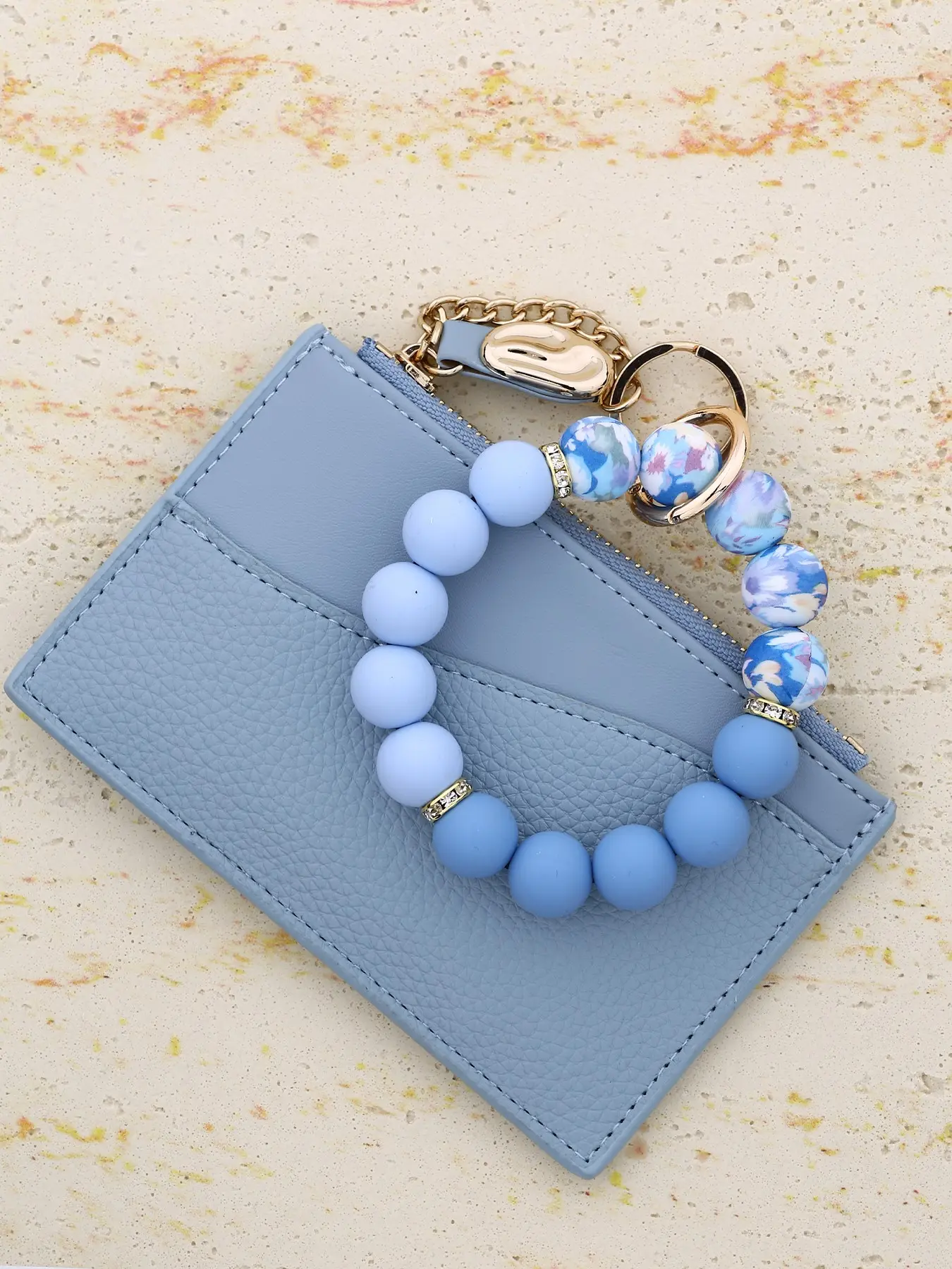 Women's Wallet Silicone Bead Bracelet Keychain Leather Card Holder Solid Color ID Case Holiday Gift Girl Hand Chain Wristlet Wallets