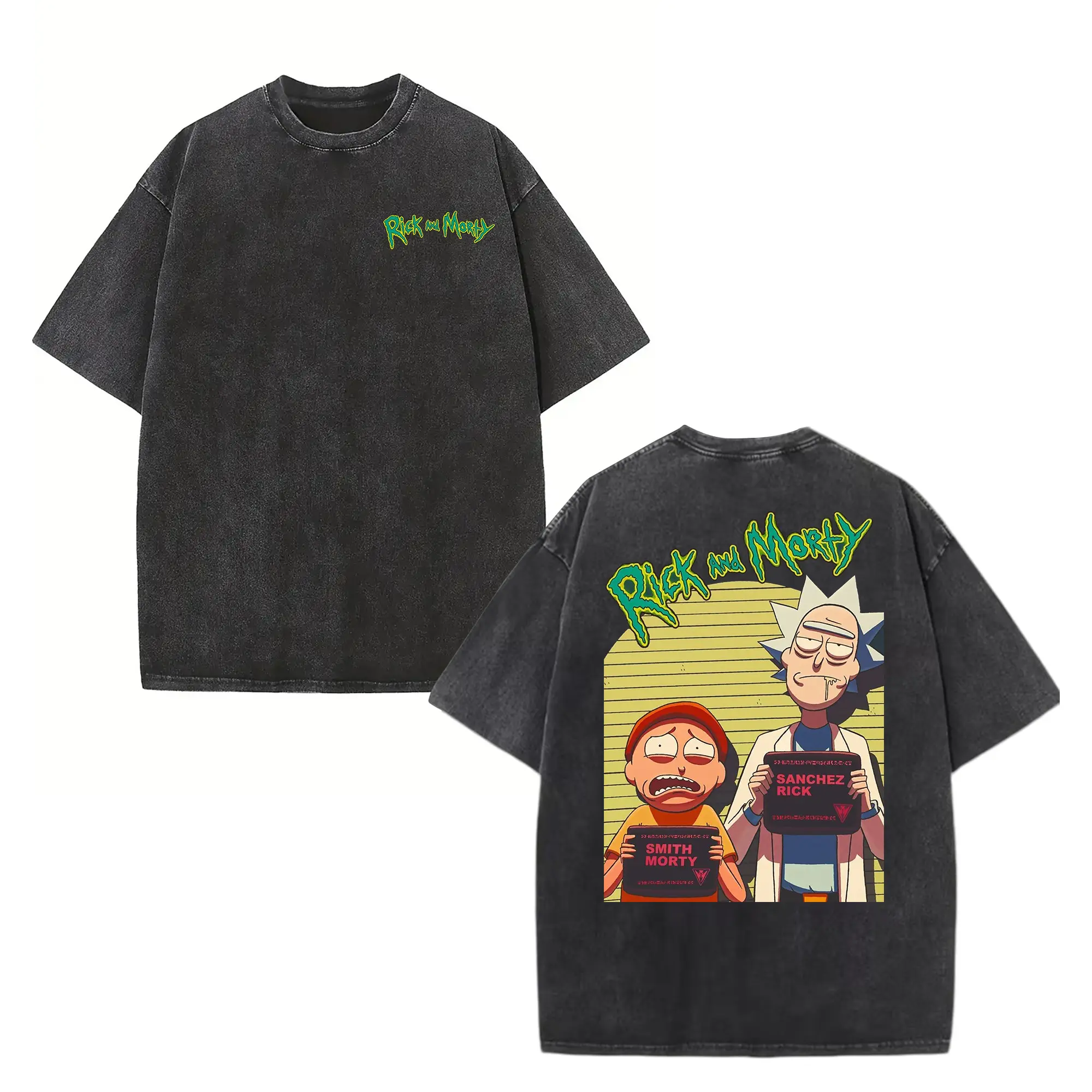 Men's Rick and Morty Mugshot Washed Oversized Round Neck Short-Sleeve Top, Funny Streetwear, Retro Cartoon Graphic, Washed Graphic Adds Edge, Casual Men's Clothing, Tops