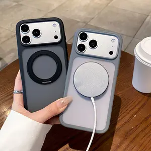 Skin-Friendly Stand Magnetic Phone Case Featuring A Contrast Color Design With Large Circular Magnetic Ring Boasting A Sleek Matte Texture Blending Sophisticated Business Style With Eye-Catching Visual Appeal For iPhone 17 16 15 14 13 12 11