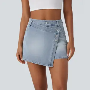 Halara Flex High Waisted Multiple Pockets Wrapped Washed Stretchy Knit Denim Casual Skort