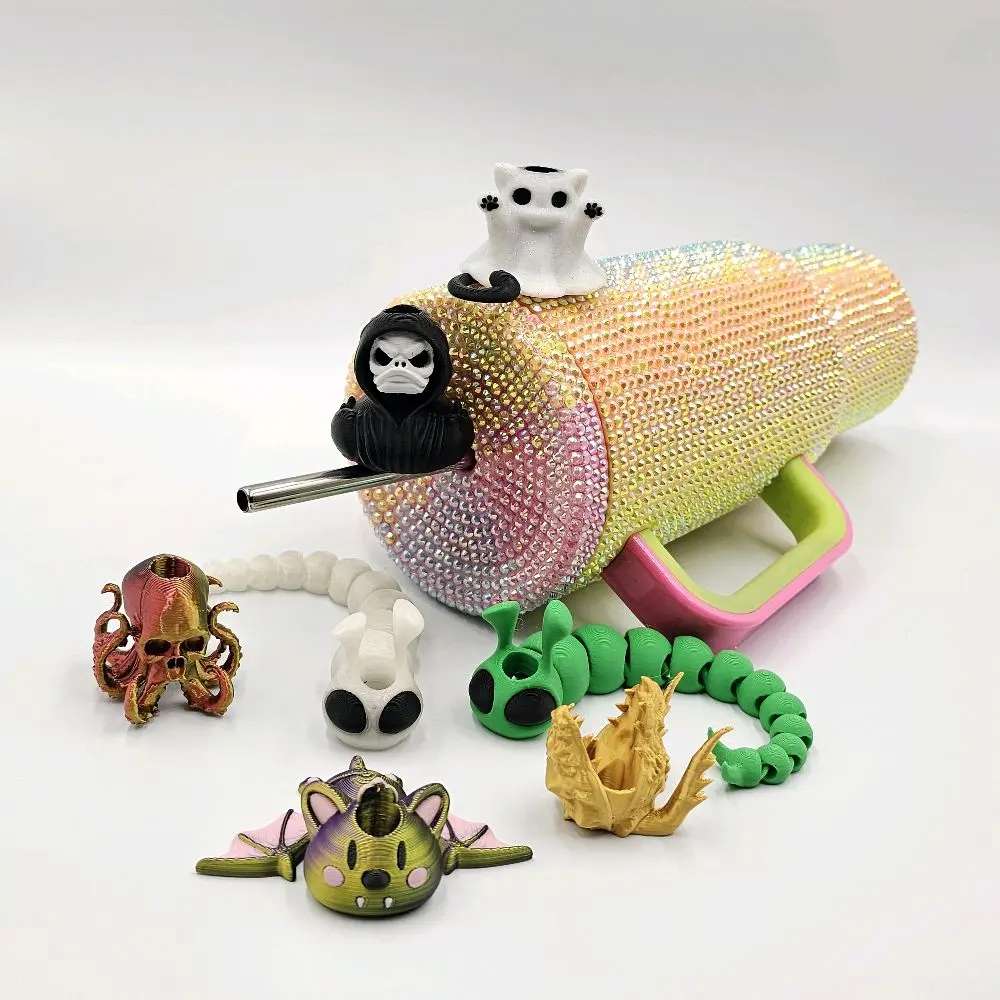 Spooky Straw Buddies and Toppers 3D Printed Halloween Designs Fits Most Straw Sizes with Skull Ghost and Monster Accents Drinkware Stylish for Halloween Green Alien Slug